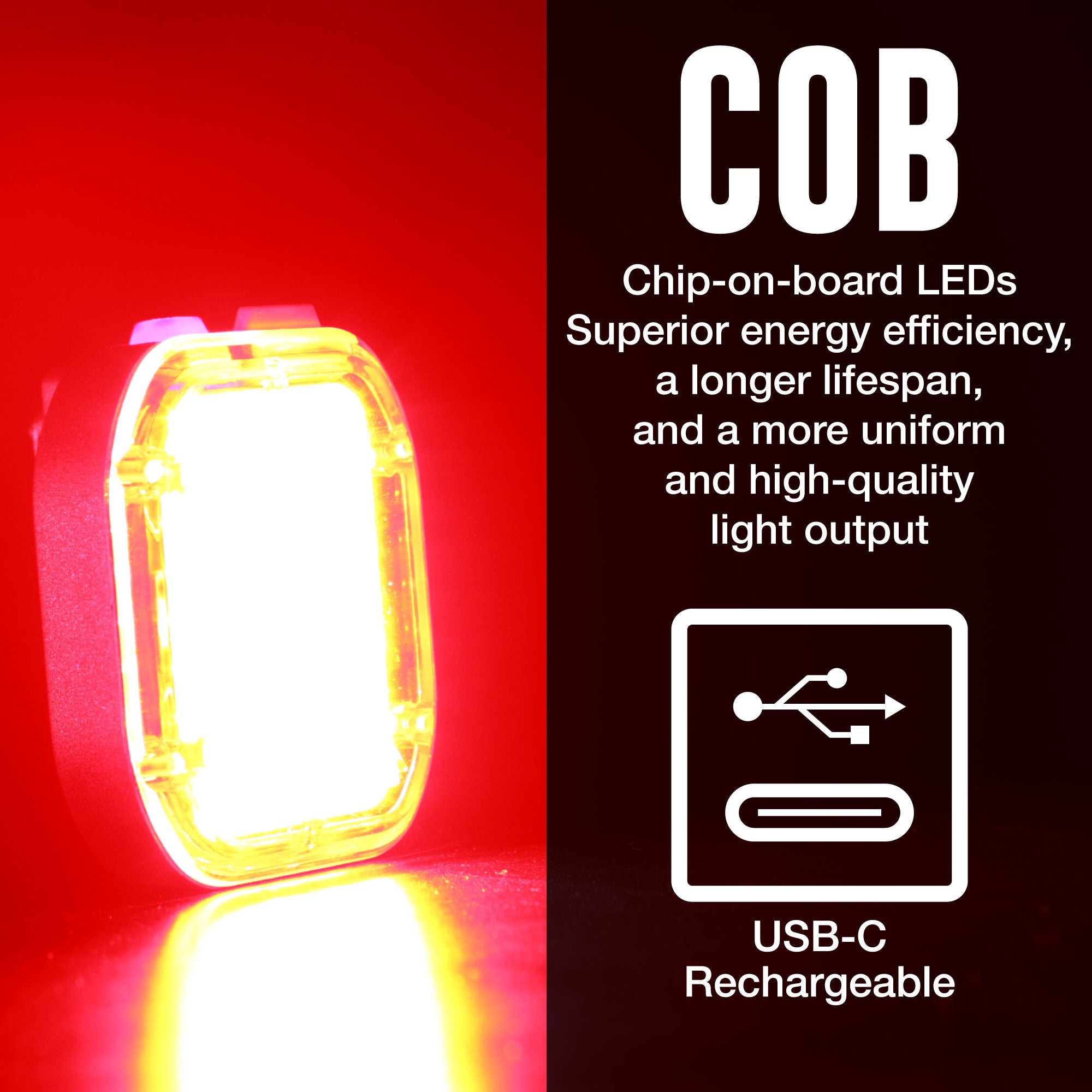red bike taillight shining so bright using cob leds for superior energy efficiency, a longer lifespan, and a more uniform and high-quality light output