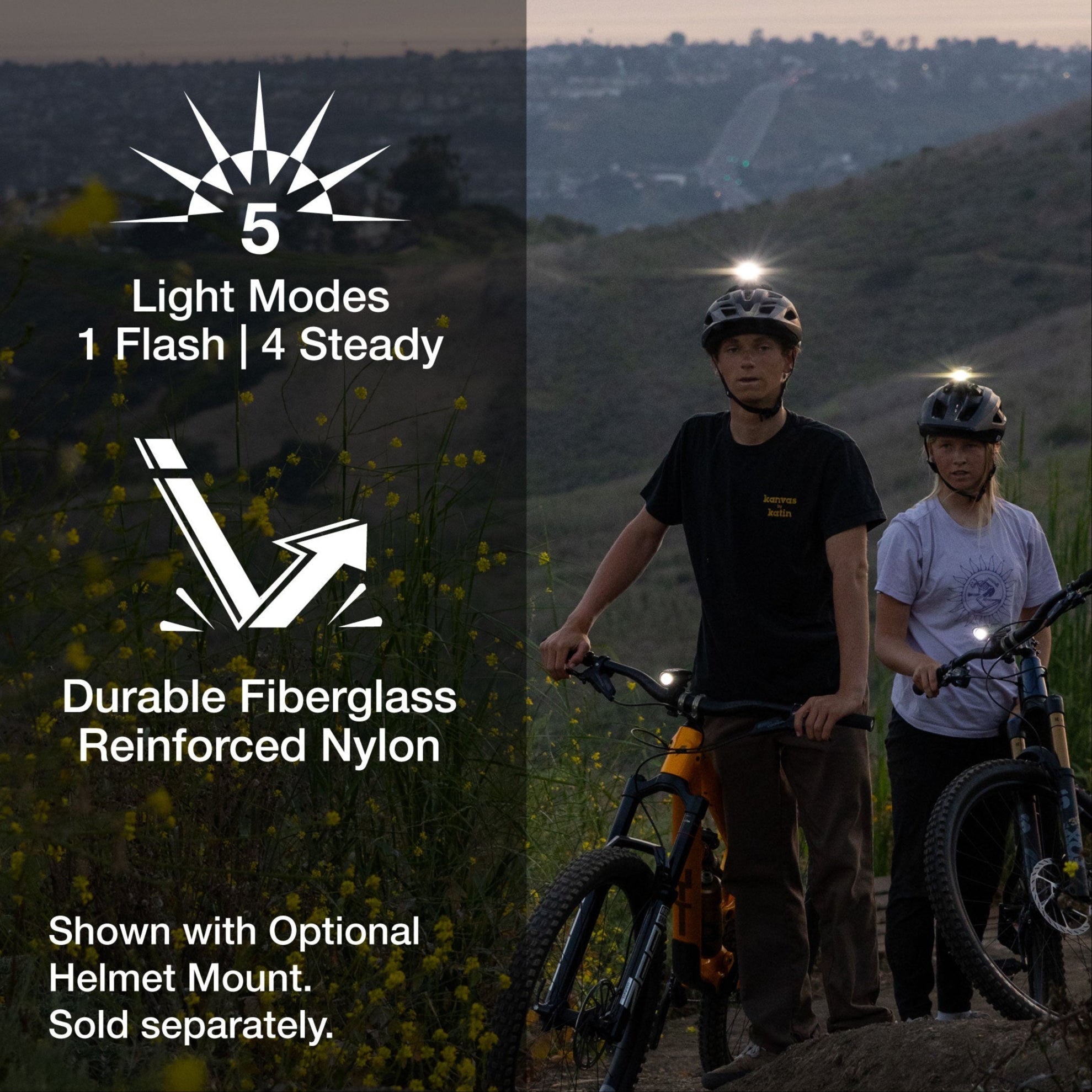 Two people with bicycles on a trail at dusk, with text about light modes and material details.