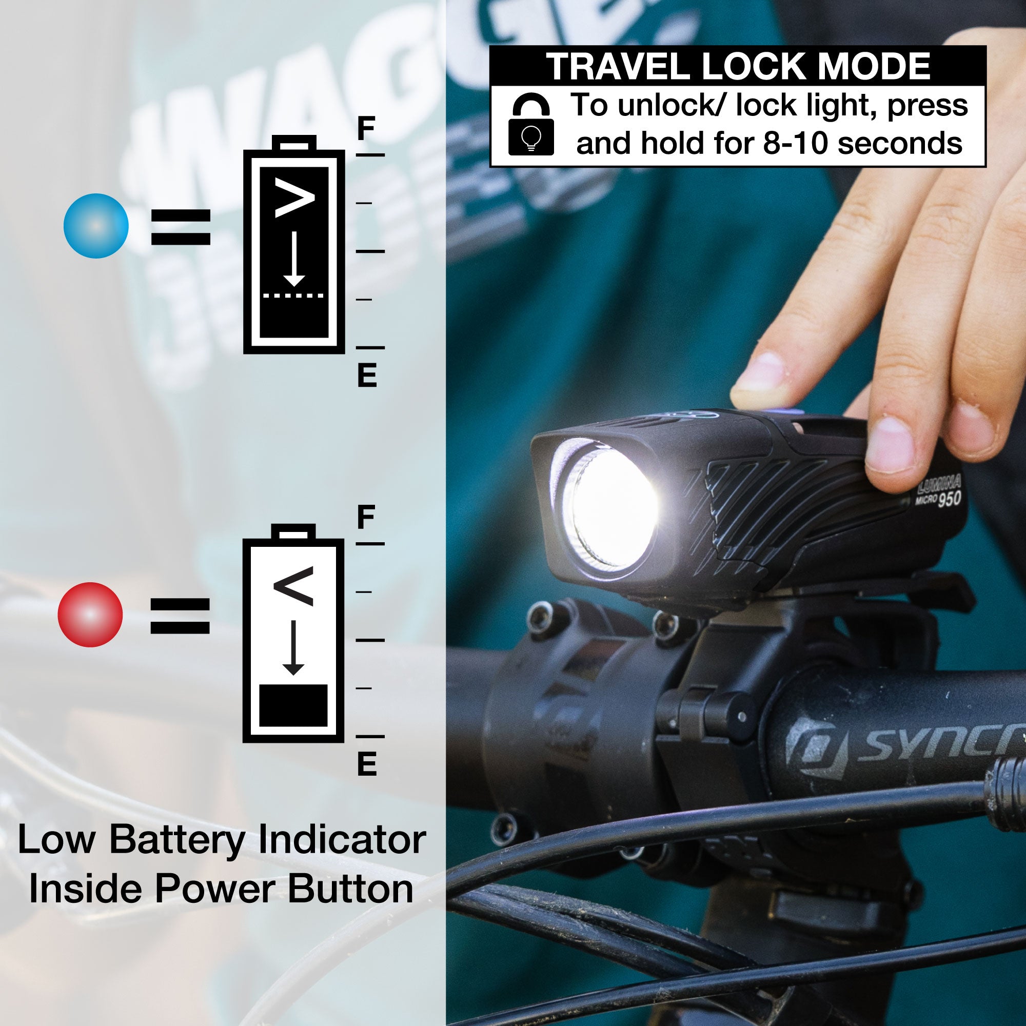 Bicycle light with travel lock mode and low battery indicator features, shown on a blurred background.
