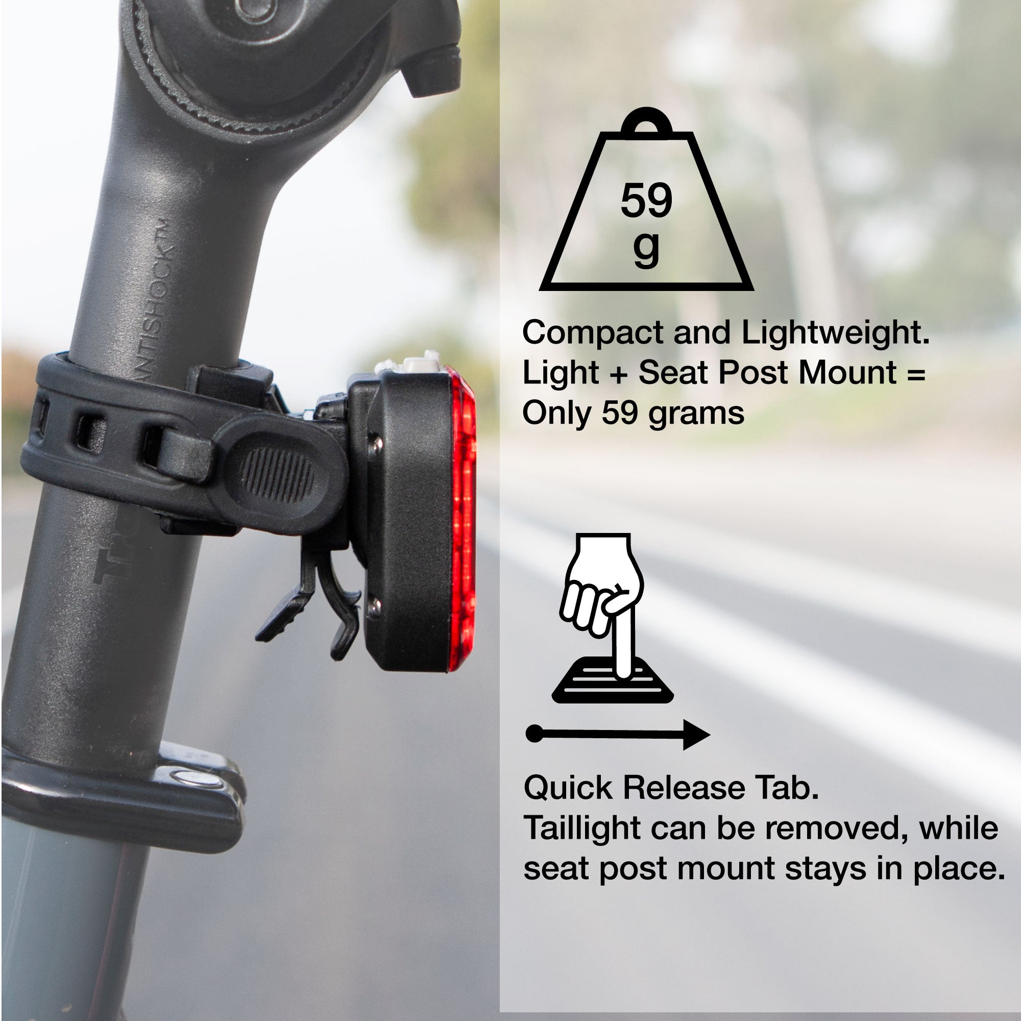 profile shot of the niterider vmax 180 taillight showing the clothing clip quick release tab and only weighs 59 grams
