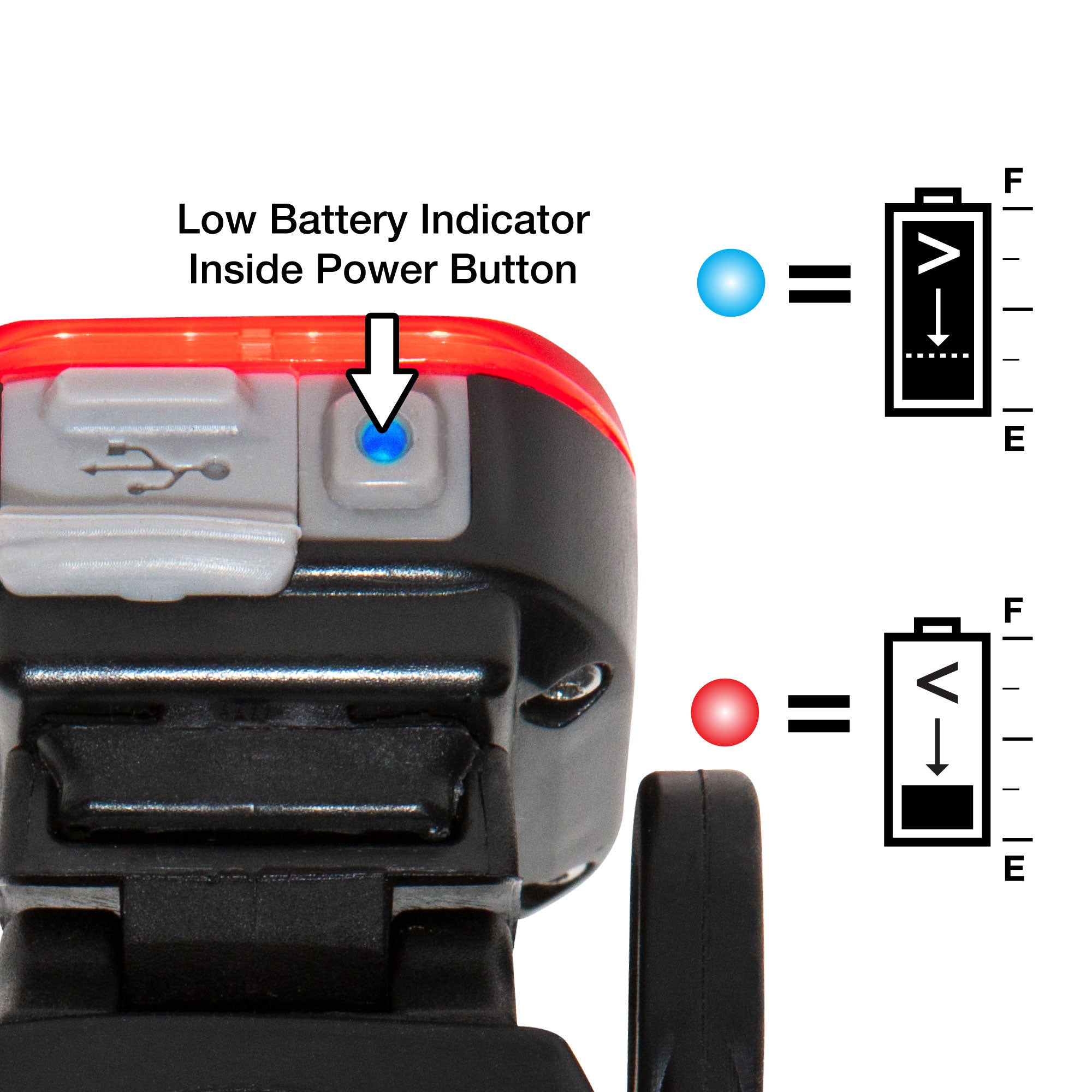 close up shot of the niterider vmax 180 displaying the low battery indicator