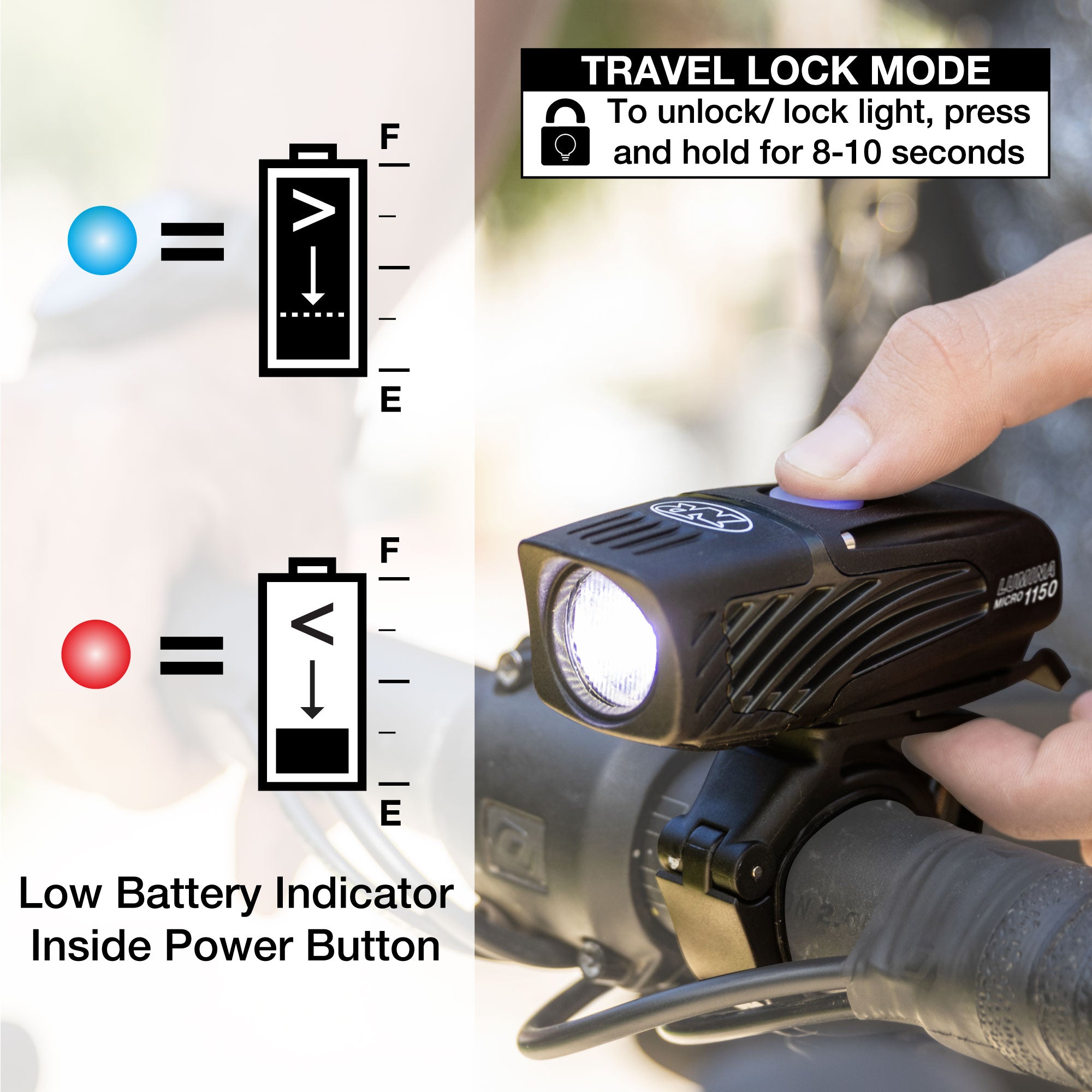 Bicycle light with travel lock mode and low battery indicator features, held by a hand.