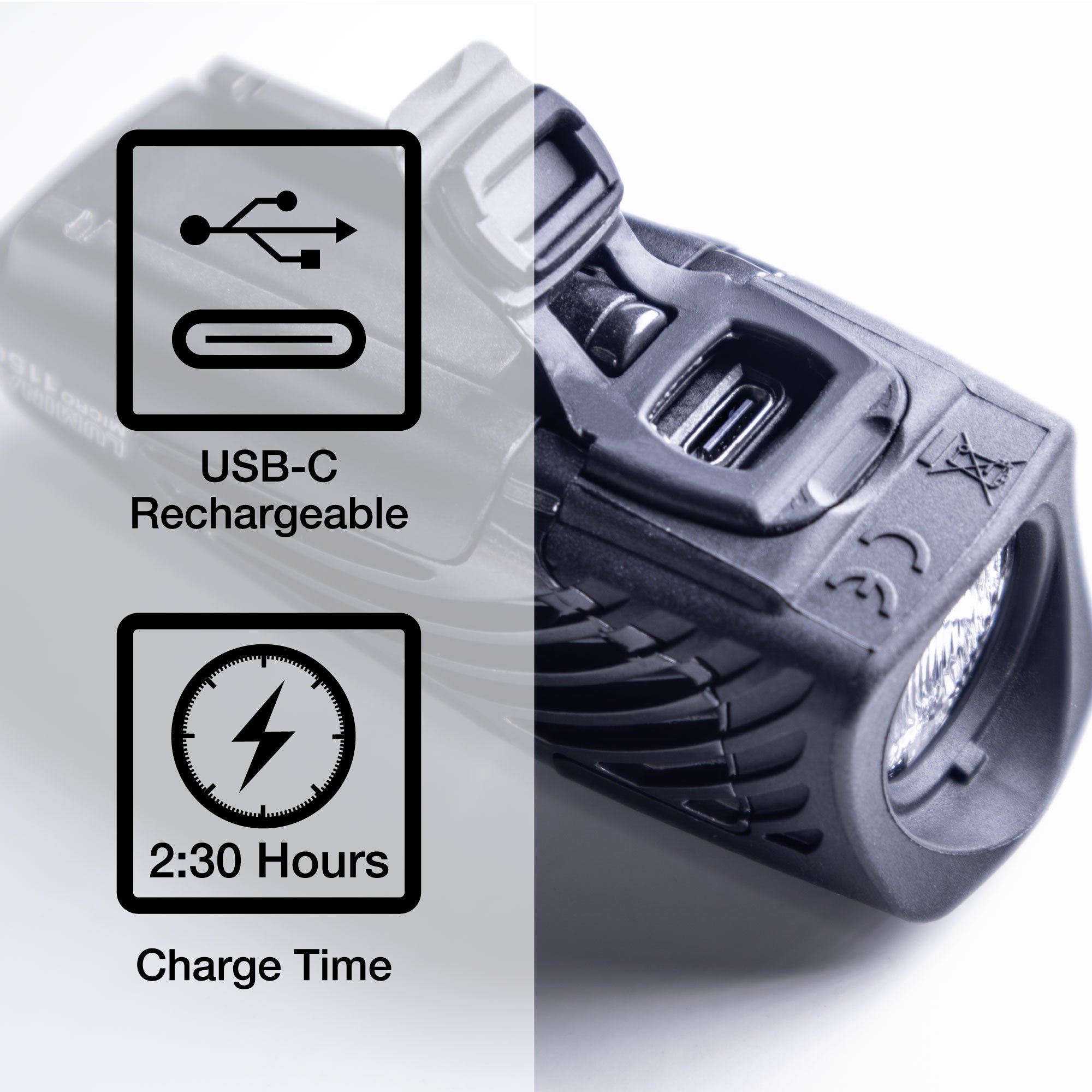 Rechargeable device with USB-C symbol and charging time information on a white background