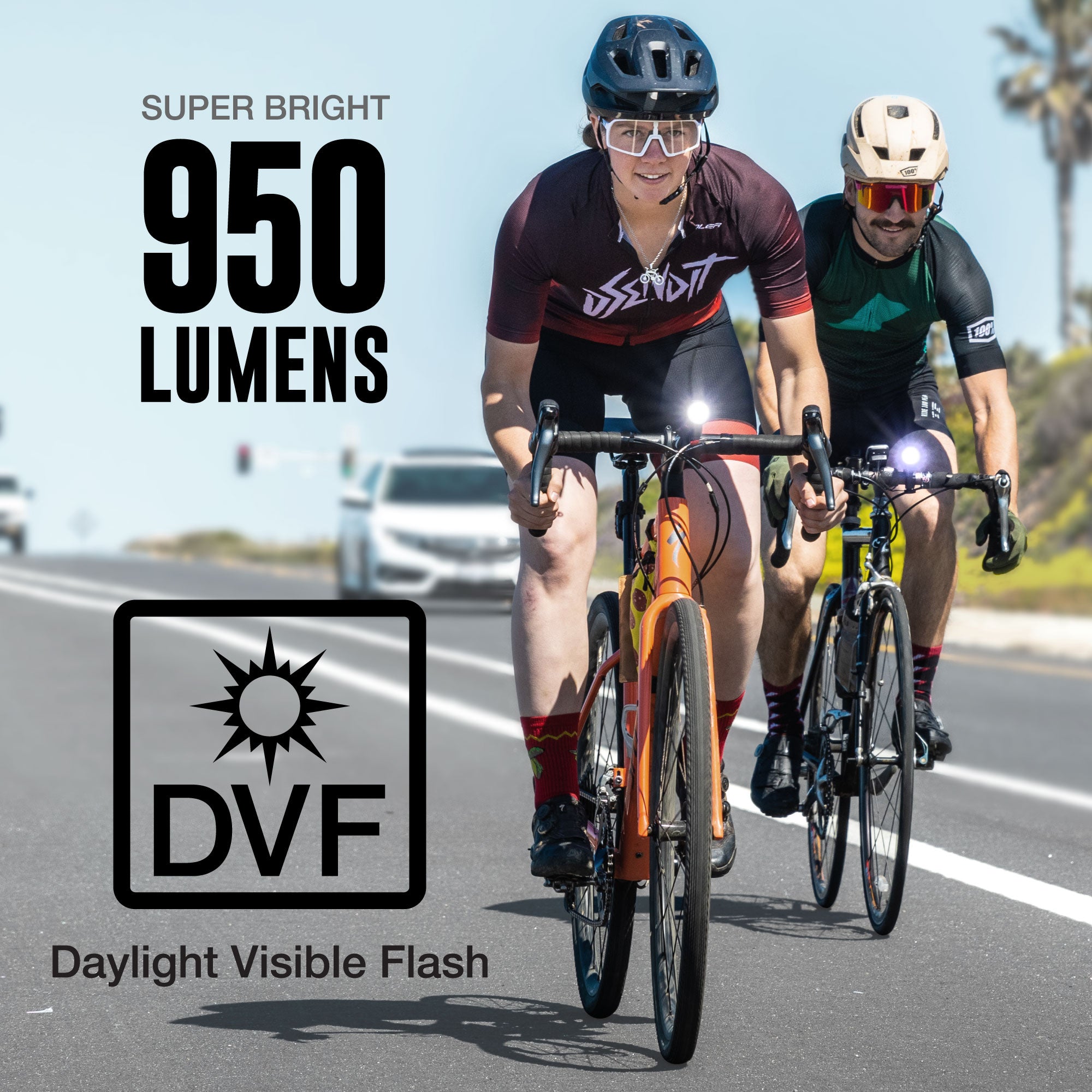 Two cyclists on a road with text about DVF lights' brightness and features.