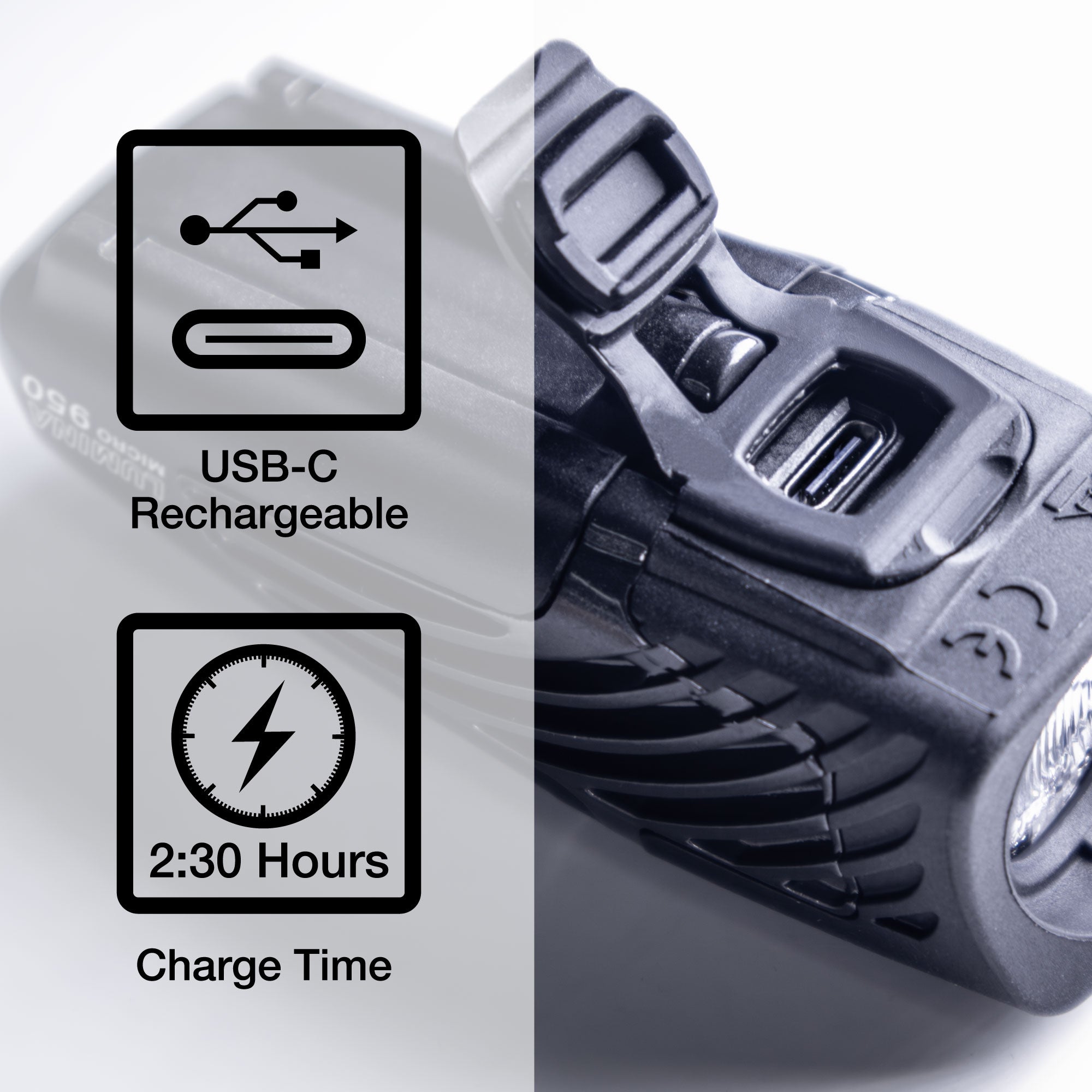 Rechargeable device with USB-C connection and charging time indication on a white background