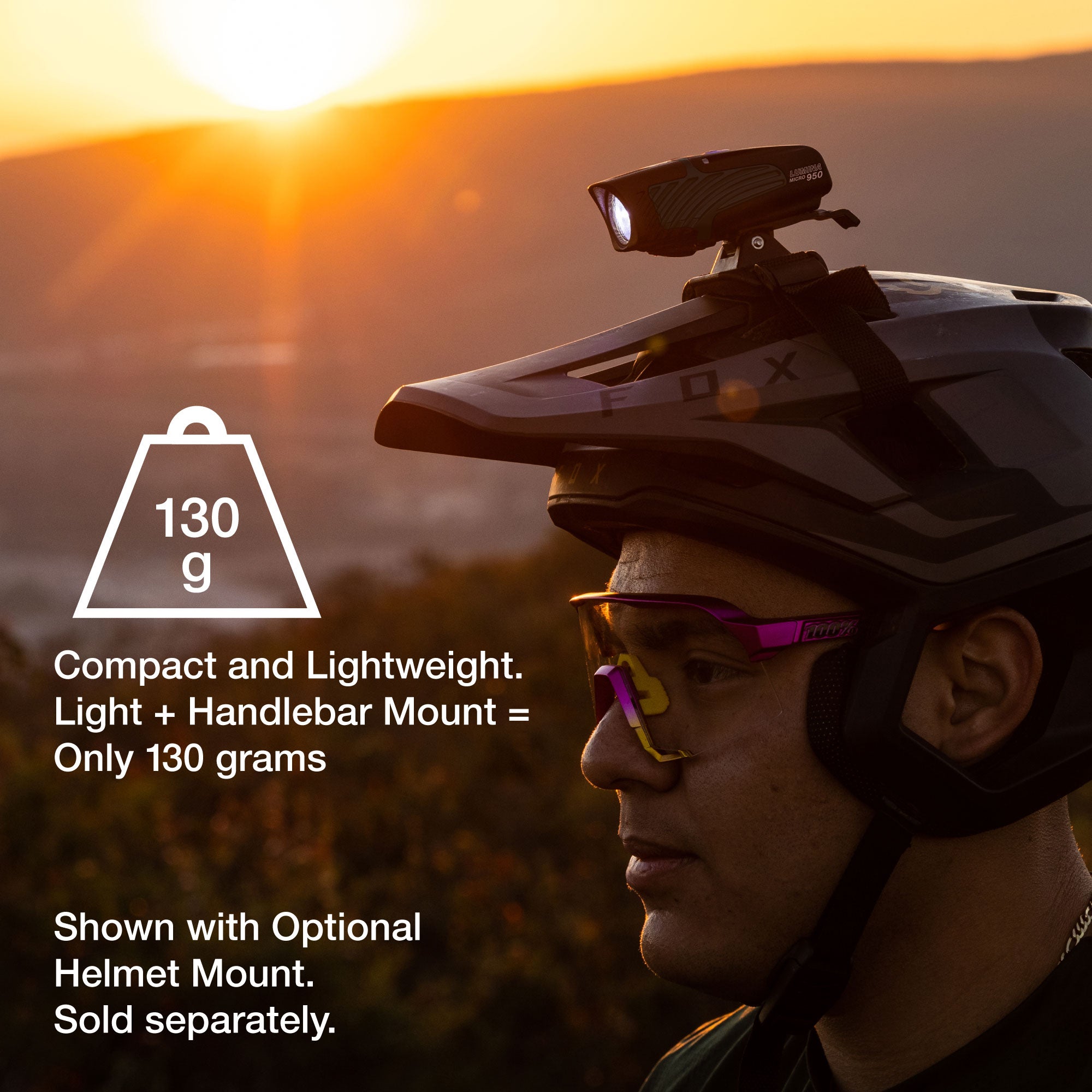 Person wearing a helmet with a light attached, set against a sunset background.