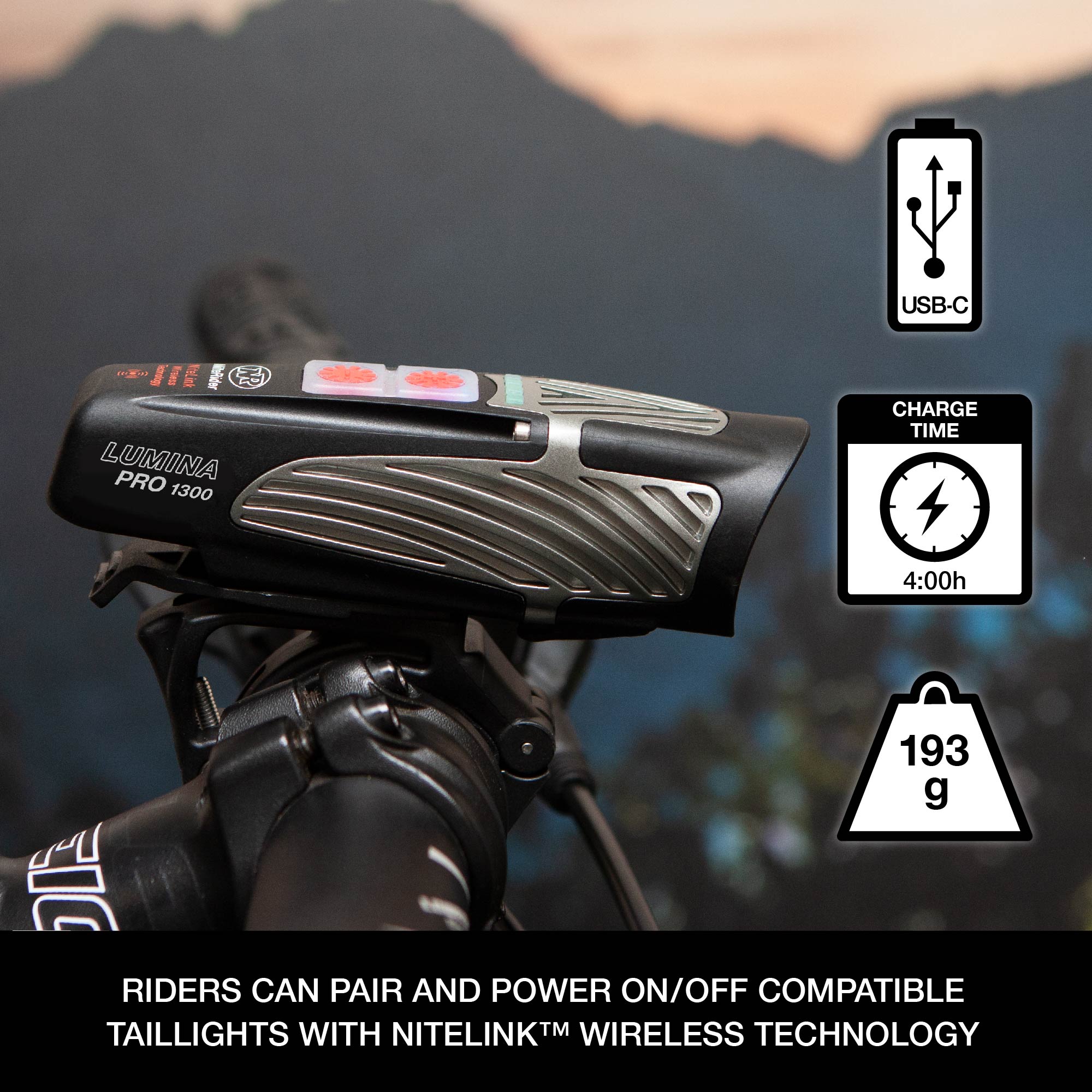 niterider lumina boost pro 1300 bike headlight mounted on handlebars with specifications alongside (7157765963929)